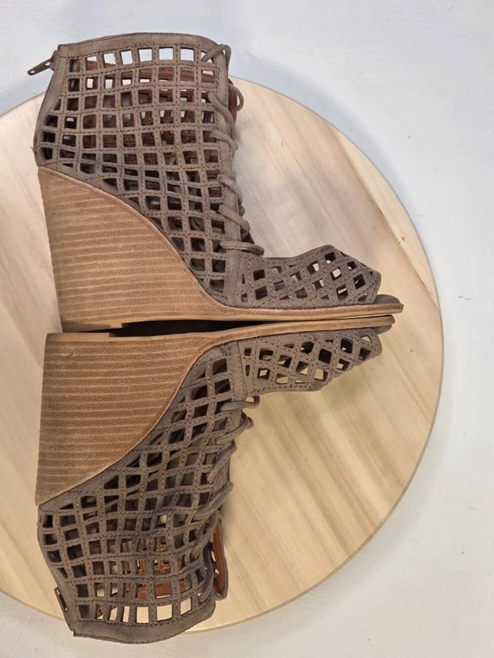 Jeffrey Campbell Taupe Laser Cut Suede Lace Up Wedge Open Toe Heels Women US 8